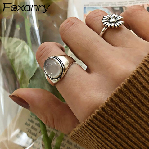 Foxanry 925 Sterling Silver Couples Rings for Women Trendy Vintage Handmade White Agate Elegant Wedding Party Jewelry Gifts ► Photo 1/5