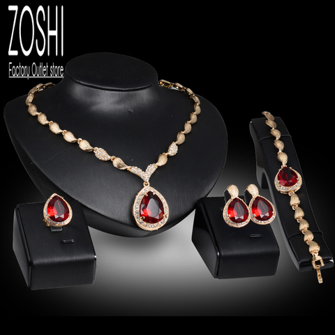 Women's Jewelry Set Wedding Party Water drop Red CZ Crystal Necklace Earrings Bracelet Ring High Quality Indian Gold Jewelry Set ► Photo 1/6