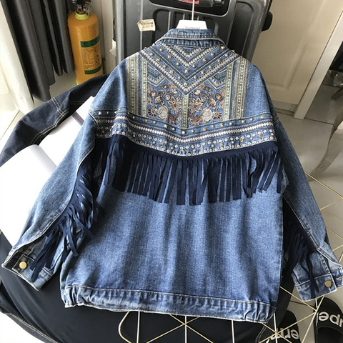 Seiwnibu Punk Boho Tassel Embroidery Denim Jacket Women Blue Loose Rivet Pocket Oversize Moto Biker Female Spring  Jean Jacket ► Photo 1/6