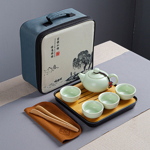 Chinese Kung Fu Teaset Ceramic Portable Teapot Set Outdoor Travel Gaiwan Tea Cups of Tea Ceremony Teacup with Tote Bag Fine Gift ► Photo 1/6