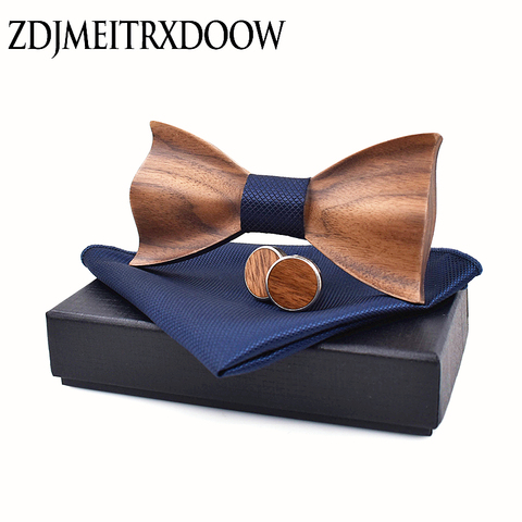 New design 3D Wooden tie Pocekt Square Cufflinks Fashion wood bow tie wedding dinne Handmade corbata Wooden Ties Gravata set ► Photo 1/6
