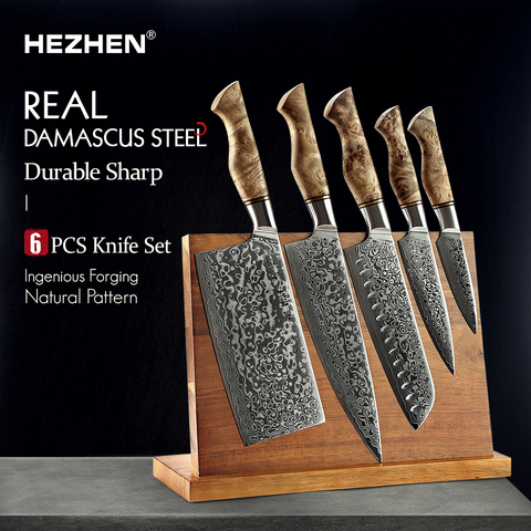 HEZHEN 6PC Kitchen Knife Set Professional Damascus Super Steel Chef Paring Santoku Sharp Cook Kitchen With Magnetic Holder ► Photo 1/6
