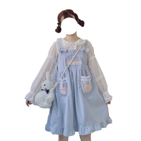 Japanese Vintage Teens Girl Corduroy Dress Mori Girl Lolita Kawaii Bunny Pink Overalls Harajuku Cute Rabbit Bow-knot Strap Dress ► Photo 1/6