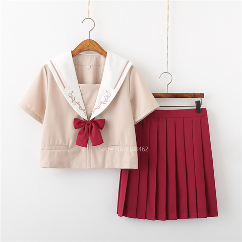 Buy Online Jk Unifrom For Japanese Student High School Girls Kawaii Embroidery Suit Red Sailor Suit Pleated Skirt Dress Set Korean Outfit Alitools