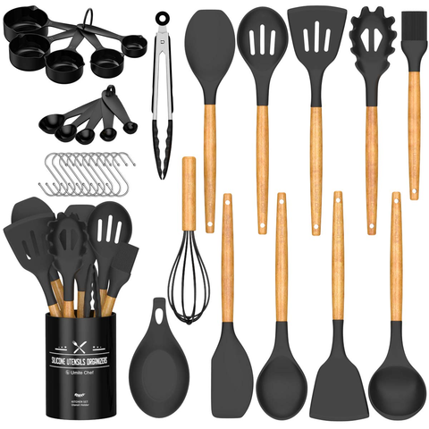 Silicone Kitchen Tools Set Cooking Utensils Utensils Tools Spatula Shovel Soup Spoon Wooden Handle Special Heat-resistant Design ► Photo 1/6