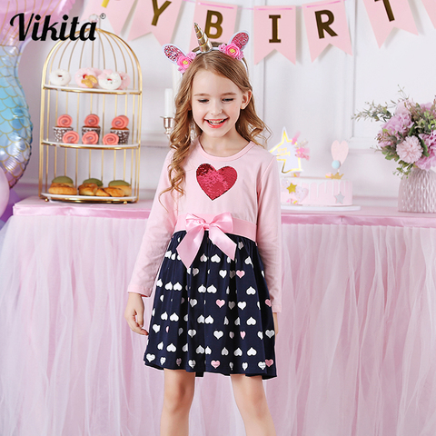 VIKITA Long Sleeve Cotton Dress Girls Princess Dresses Baby Girl Clothes Bow-knot Party Sequins Dresses Girl Casual Clothes ► Photo 1/6