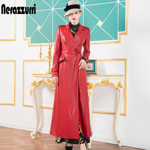 Nerazzurri Red long leather trench coat for women long sleeve sashes lapel Maxi soft rain coat women British style leather coats ► Photo 1/6