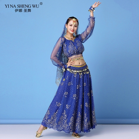 Bollywood Costume Set Women Indian Dance Dress Sari Belly Dance Outfit Performance Clothes Chiffon Top+Skirt+Waist chain 8pcs ► Photo 1/6