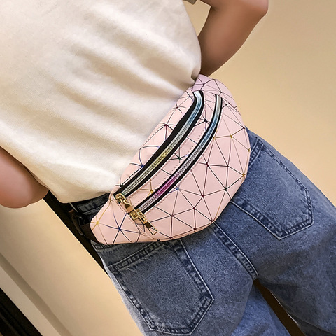 2022 Women's Fashion Waist Packs Case Personalized Rock and Roll Color PU Leather Flashing Lattice Belt Bag Nerka Fanny Pack Bag ► Photo 1/6