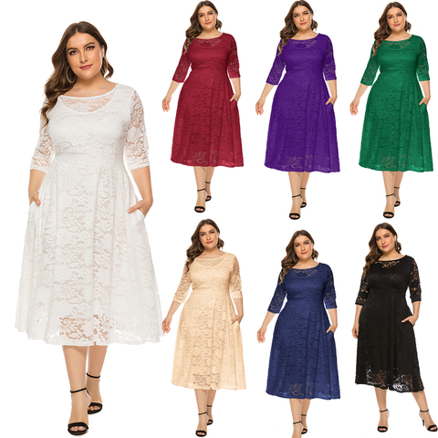 Plus Size Lace Evening Dress A-line Tea-length Dress with Pockets for Party vestidos de fiesta de noche Half Sleeve Family Party ► Photo 1/6