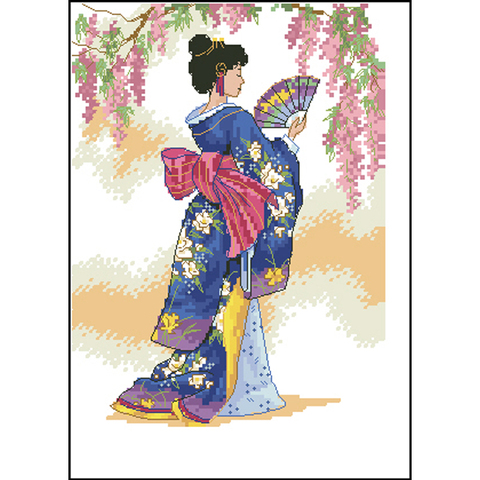 Chic Counted Cross Stitch Kit Geisha Japanese Woman Lady Girl with Fan Princess of Asia ► Photo 1/4