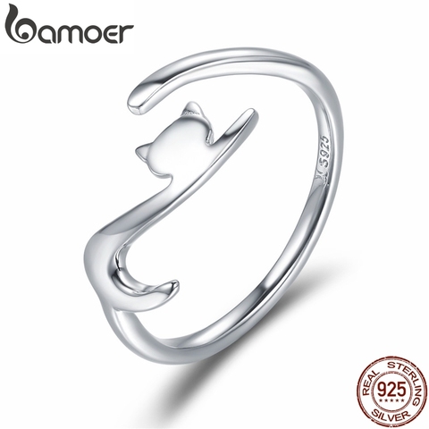 [Coupon $15 OFF $3] BAMOER 100% 925 Sterling Silver Sticky Cat with Long Tail Finger Ring Women Ring Adjustable  SCR220 ► Photo 1/6