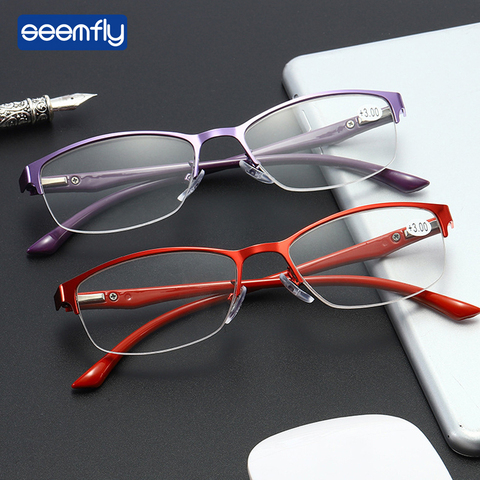 Seemfly Elegant lady reading glasses Purple Red Metal Half Frame Reading Glasses TR90 Spring Leg Glasses Magnifying Eyewear ► Photo 1/6