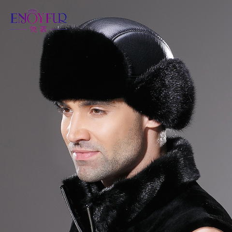 ENJOYFUR winter men's fur hats real natural mink fur male ushanka bomber bonnet warm fashion genuine leather ski earflap beanies ► Photo 1/6