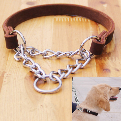 Real Leather Dog Collar P Chain Slip pet Collars Genuine Leather Training Collar stainless steel for small Medium Large Dogs ► Photo 1/6