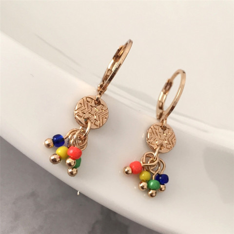 2022 New Fashion Tiny Cute Drop Earrings 13mm Hoop with 7mm Textured Disk and Colorful Beads Dangle Earrings for Lady Best Gift ► Photo 1/6