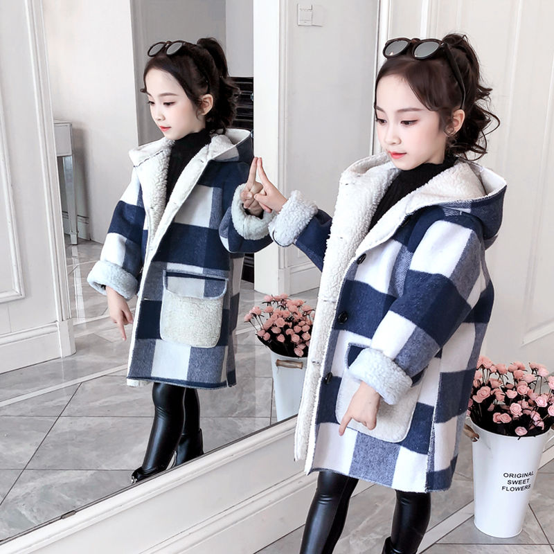 2024 Autumn Winter Girls Hairy Coat Fashion Design Long Coat for Girls Kids  Outerwear Grid pattern