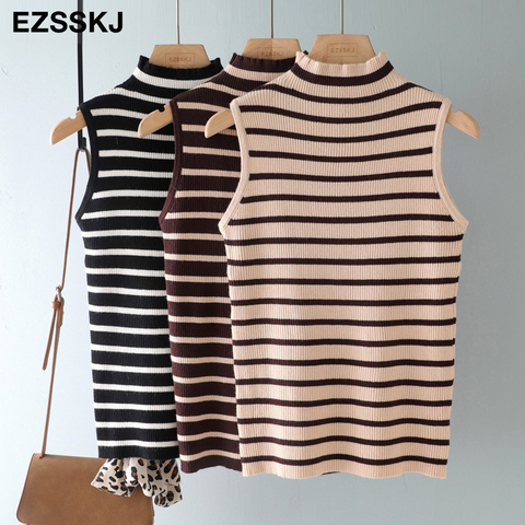 Autumn SPRING stripe sleeveless Sweater Pullovers Women casual 2022 turtleneck sexy female basic Sweater knit Jumpers top ► Photo 1/6