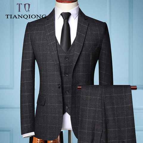 2022 Three-piece Male Formal Business Plaids Suit for Men's Fashion Boutique Plaid Wedding Dress Suit ( Jacket + Vest + Pants ) ► Photo 1/6