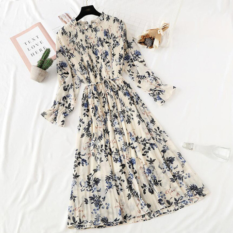 2022 new summer autumn women printed pleated chiffon dress fashion female casual  Flare Sleeve Lotus leaf neck Basic Dresses ► Photo 1/6