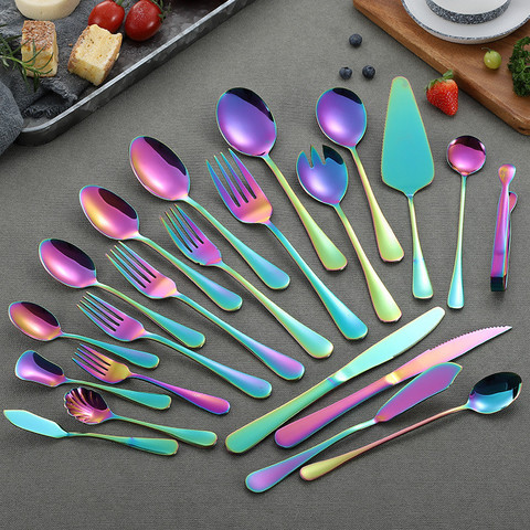 Rainbow Tableware Set Stainless Steel Cutlery Set Spoon Fork Knife Dinnerware Set Tableware Mirror Dinner Kitchen Flatware ► Photo 1/6