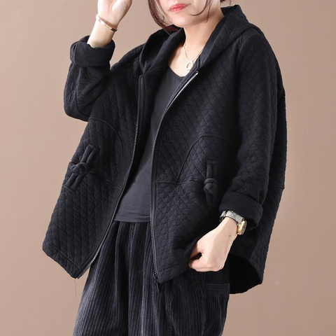 Autumn New Arts Style Women Long Sleeve Loose Hooded Coats Vintage Button Cotton Jackets Female Casual Clothes Big Size S382 ► Photo 1/6