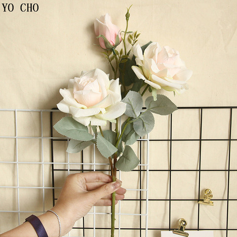 YO CHO Wholesale 3 Head Silk Jasmine Snow Rose Artificial Rose Branch Decor Flower Wedding Home Decoration Fake Flower ► Photo 1/6