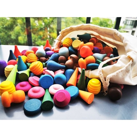 Children Beech Wooden Rainbow Blocks Loose Parts Toy Mushrooms Honeycomb Droplets Tree cones Big Jenga Pastel Ball ► Photo 1/6