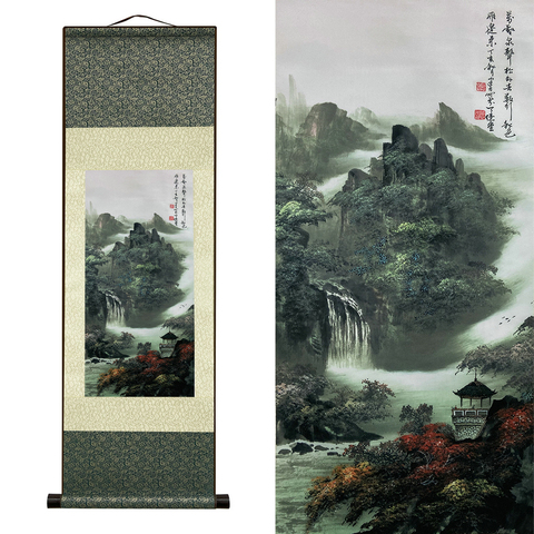 Chinese Style Ink Silk Scroll Painting Silk Reel Rolling Wall Hanging Art for Wall Picture Decoration (39 in x 12 in) ► Photo 1/6