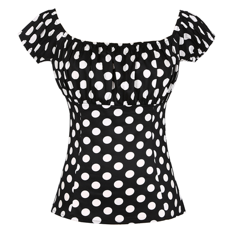 2022 Retro Vintage 50s Tops Black Summer Short Sleeve Polka Dot Printed Cotton Shirts Slash Neck Pin Up Short Women's Blouses ► Photo 1/6
