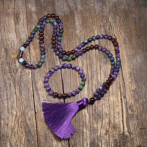 8mm Natural Garnet Necklace Chrysocola Azurite Bracelet Onyx Beads Jewelry Set, Meditation 108 Mala Handmade Tassel Yoga Gift ► Photo 1/6