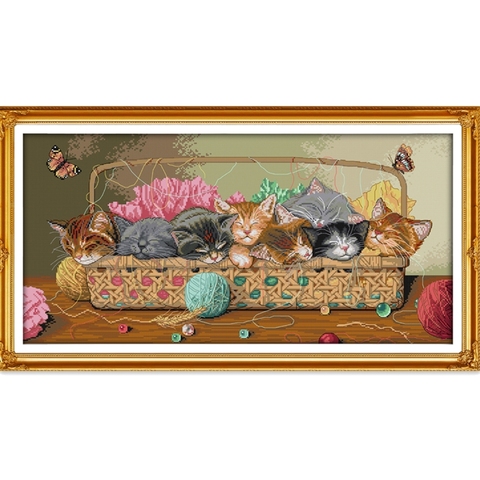 Newborn kittens in the basket cross stitch kit cotton silk 11ct print canvas cross-stitching embroidery DIY handmade needlework ► Photo 1/1