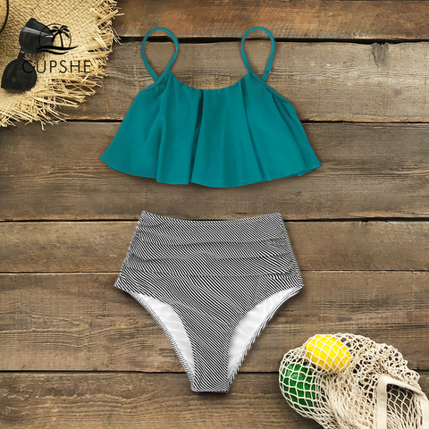 CUPSHE Green and Stripe High Waisted Bikini Sets Sexy Tank Top Swimsuit Two Pieces Swimwear Women 2022 Beach Bathing Suits ► Photo 1/6