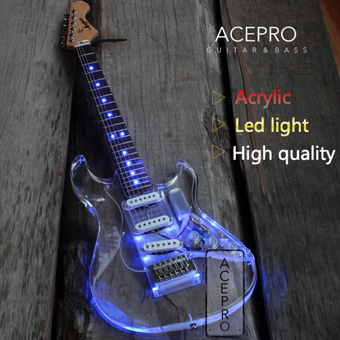 New Arrive Acepro LED Light Electric Guitar Acrylic Body Blue LED Transparent Pickguard & Knobs  3 Single Pickups Maple neck ► Photo 1/6