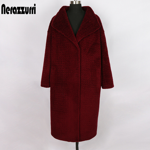 Nerazzurri natural real fur coat women oversized loose red wine womens shearling coat plus size cocoon genuine shearing jacket ► Photo 1/6