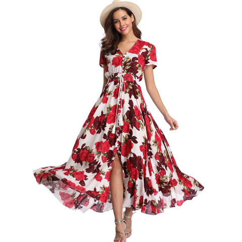 Witbuy Bohemian Print Woman Dress Summer V Neck Tassel Belt Ankle Lady Short Sleeve Zipper Dresses For Women Elegant  Fashion ► Photo 1/6