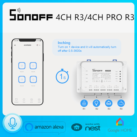 SONOFF 4CH PRO R3/4CH r3 4 Channel/ Gang Intelligent Wireless Switch Module Inching Interlock Ewelink Remote Alexa Voice Control ► Photo 1/6