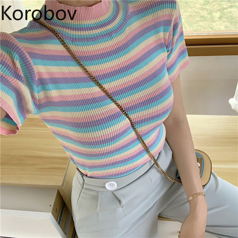 Korobov New Arrival Summer Women T Shirt Korean Colorful Striped Crop Top Tee Harajuku Streetwear Stand Collar T Shirts 78190 ► Photo 1/5