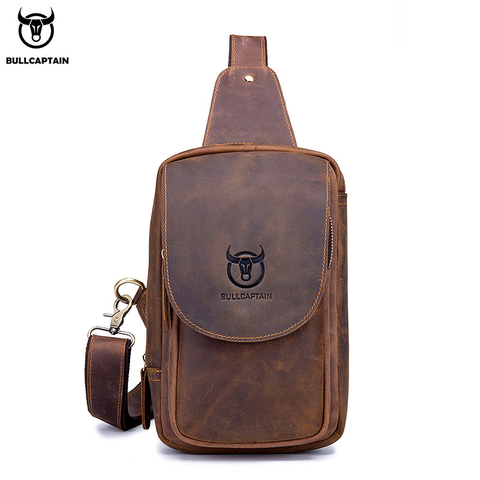 BULLCAPTAIN Men's Crossbody Bags Crazy Horse Leather Chest Bag's Leather Crossbody Bages Retro Men's Zip Pocket Short Travel Bag ► Photo 1/6