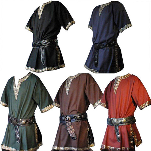 Medieval Knight Warrior Costume Play Short Sleeved Tunic Men Cosplay Viking  Pirate Ren Faire Larp Tops Shirt For Adult Plus Size