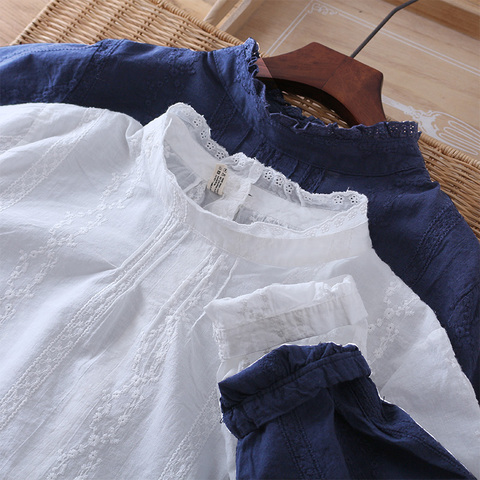 Back Button Cotton Embroidery Lacing Stand Collar Long Sleeve Shirt Blouse Female ► Photo 1/1