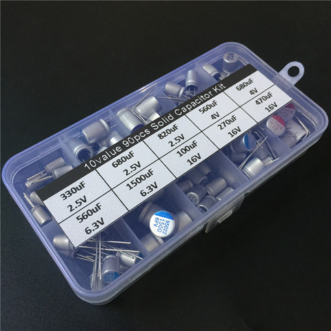 10values 90pcs solid capacitor assorted kit 2.5V/4V/6.3V/16V 100uF 270uF 330uF 470uF 560uF 680uF 1500uF with free storage box ► Photo 1/4