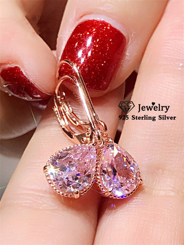 S925 Silver Drop Earrings For Women Water Drop Pink Cubic Zirconia Wedding Engagement Bridal Jewelry Dangle Earring CCE624 ► Photo 1/6