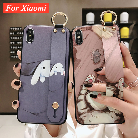 Funny Animal Wrist Strap Case for Xiaomi Redmi Note 8 9 Pro 5 7 Mi 10 Ultra 8 9TLite A1 A2 Poco X3 Cat Rabbit Phone Holder Cover ► Photo 1/6