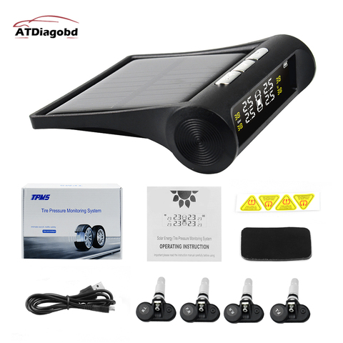 Solar Power USB TPMS Car Tire Pressure Monitoring System LCD 4 External / Internal Sensors for SUV Temperature Warning ► Photo 1/6