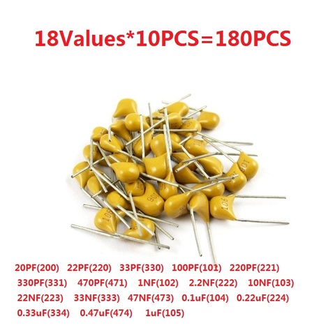 Capacitor kit 180PCS=18values*10pcs Monolithic Capacitance Pack 101/103/103/104/105/223/224/471/. P PF UF NF Assorted set 5.08MM ► Photo 1/1