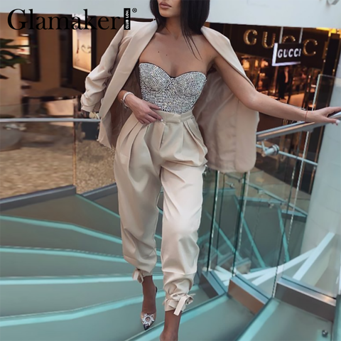 Glamaker Two piece set sexy blazer suits Women lace up casual top and pants Office ladies fashion streetwear female co ord set ► Photo 1/5