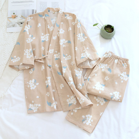 Japanese Ladies Kimono Pajamas  Spring Thin Cotton Gauze Sleepwear V-Neck Floral Printing Lounge Wear Thin Loose 2 Piece Set ► Photo 1/6