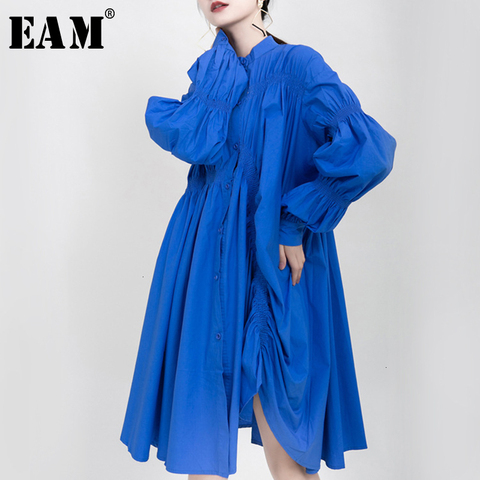 [EAM] Women Asymmetrical Pleated Big Size Dress New Stand Collar Long Sleeve Loose Fit Fashion Tide Spring Autumn 2022 1K937 ► Photo 1/6