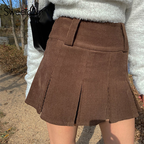 Sweetown Brown Vintage Corduroy Pleated Skirts Womens 90s Y2K Aesthetic School Girl Mini Skirt High Waist Cute Kawaii Clothes ► Photo 1/6